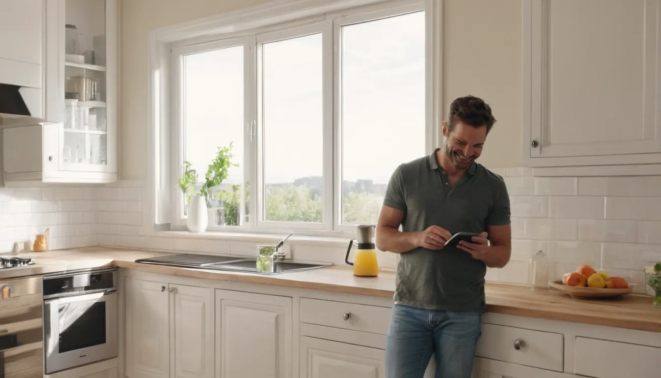 A homeowner photographing a small problem near a kitchen baseboard for a provider estimate